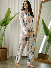 SANSKRUTIHOMES Women Beige & Blue Printed Pure Cotton Night suit