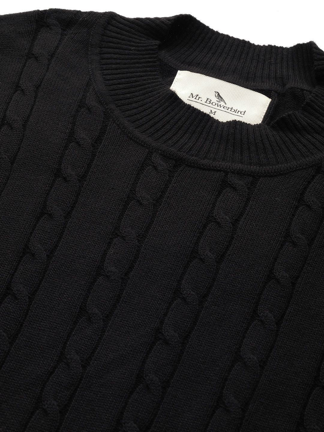 Mr Bowerbird Men Black Pure Cotton Cable Knit Sweater