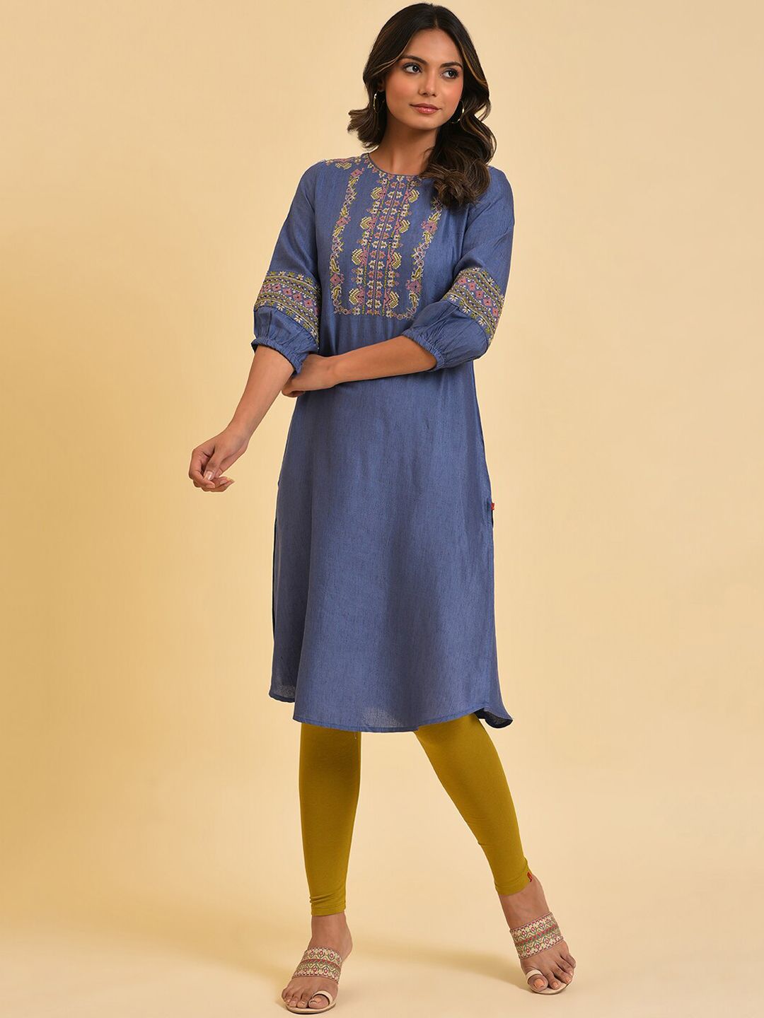 W Blue & Mustard Yellow Geometric Embroidered Kurta