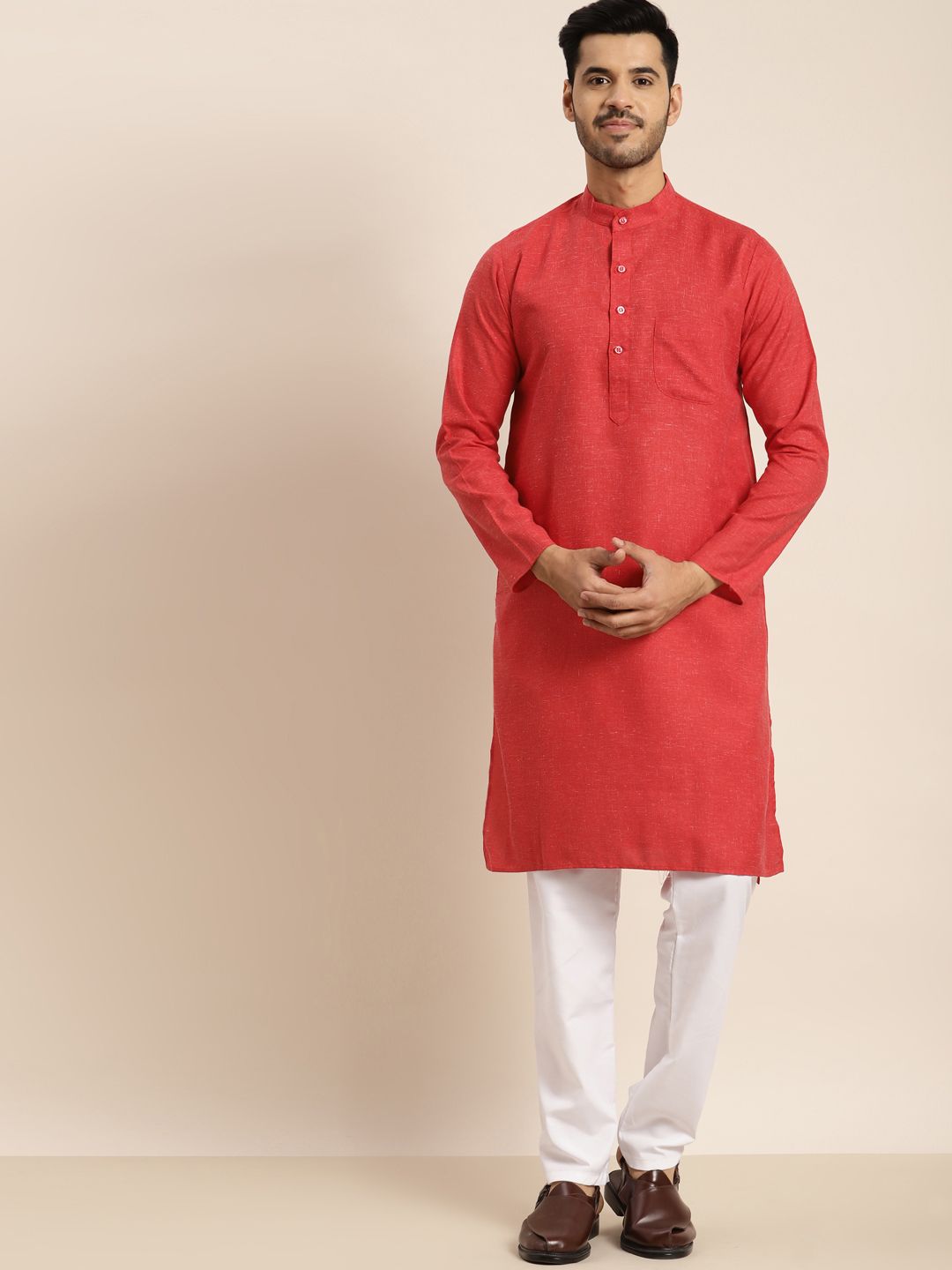 Anug by SOJANYA Men Red Dobby Kurta
