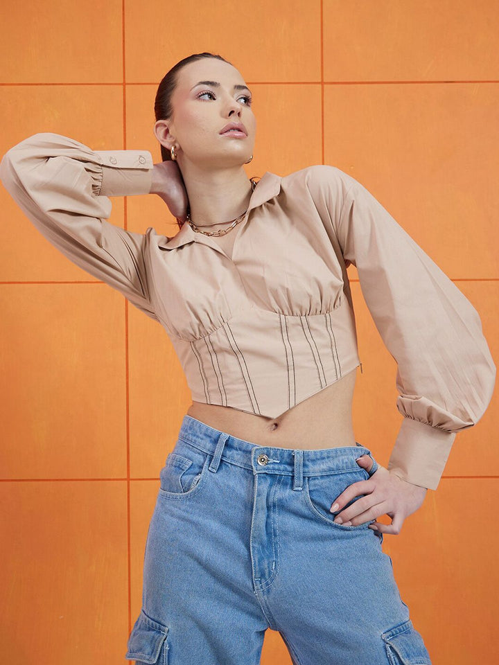 STREET 9 Beige Shirt Collar Pure Cotton Crop Corset Top