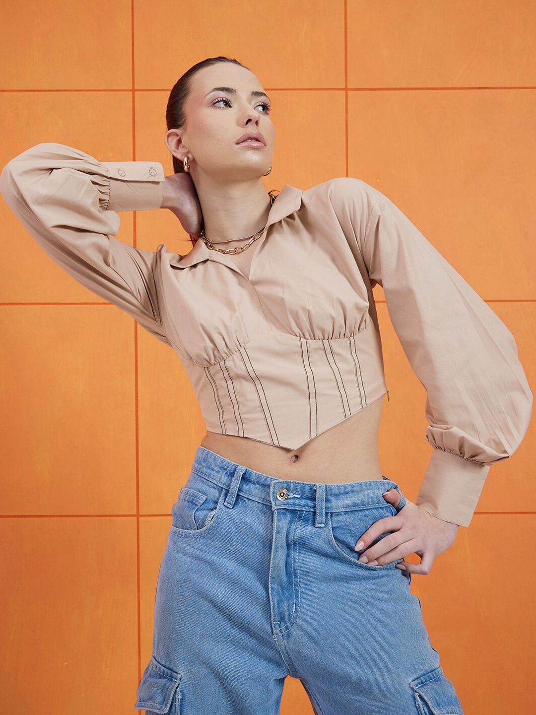 STREET 9 Beige Shirt Collar Pure Cotton Crop Corset Top
