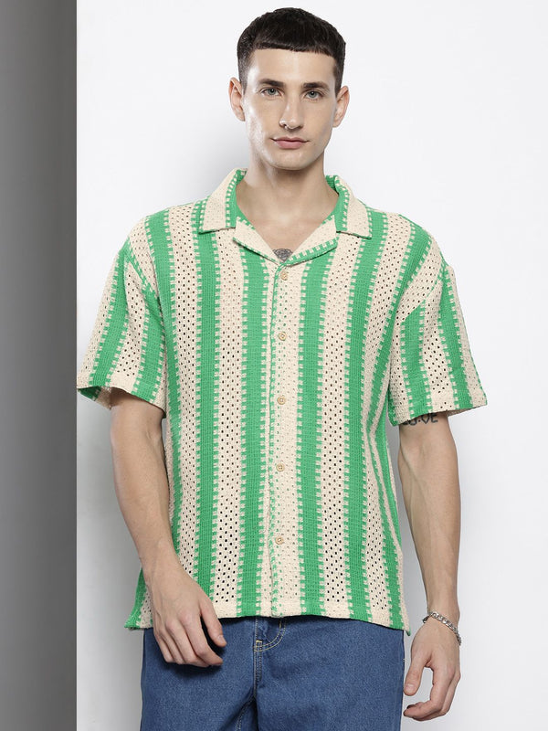 The Indian Garage Co Men Textured Open Weave Knitted Relaxed Fit Shirt