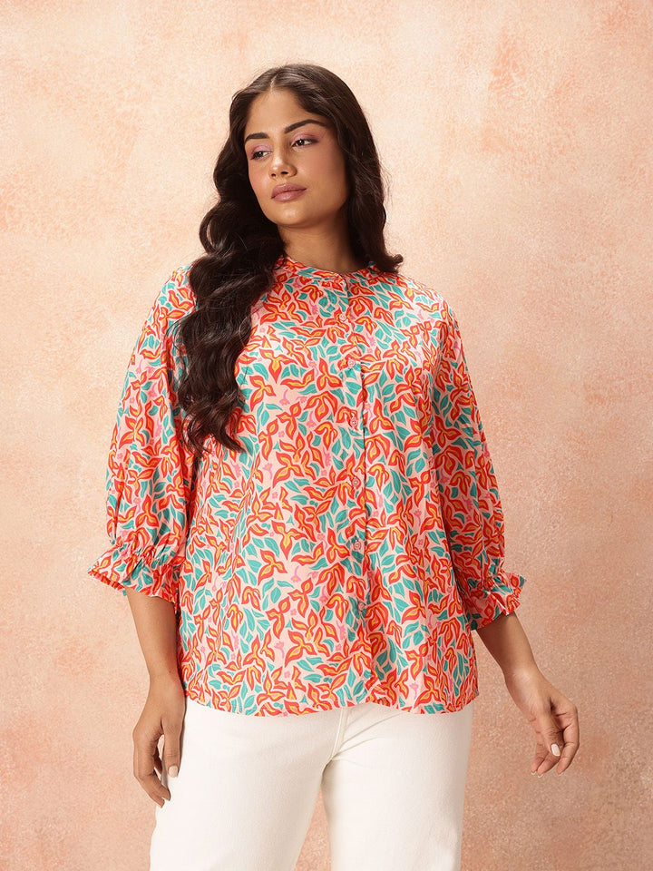all about you Plus Size Floral Print Mandarin Collar Puff Sleeve Shirt Style Top