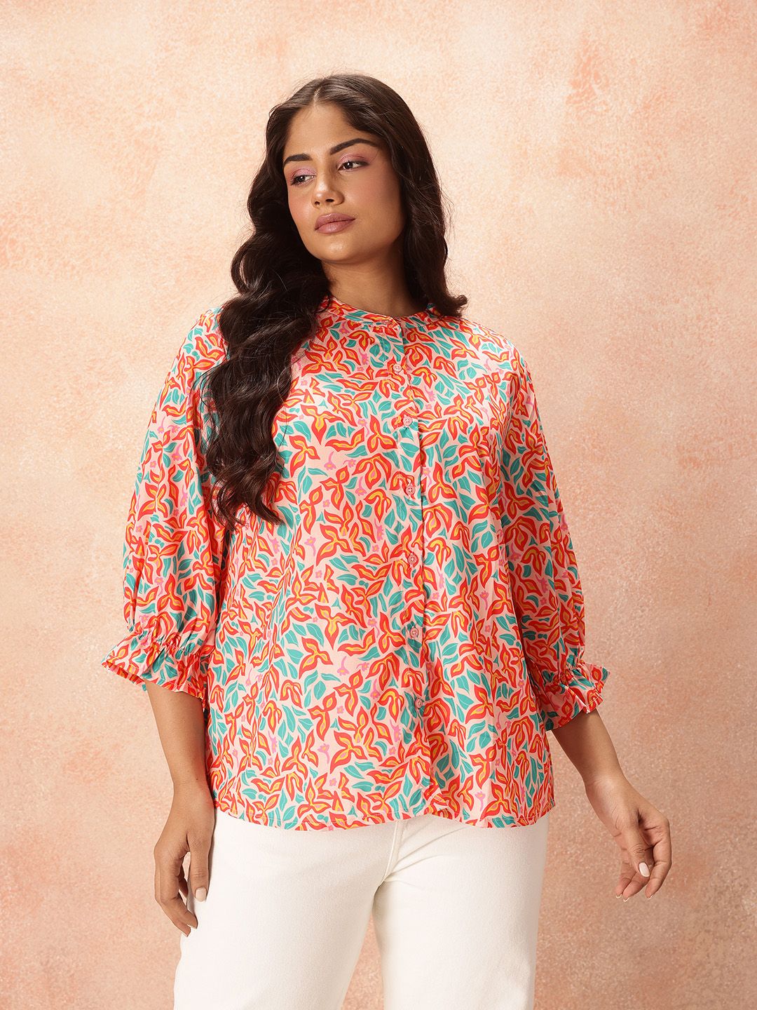 all about you Plus Size Floral Print Mandarin Collar Puff Sleeve Shirt Style Top