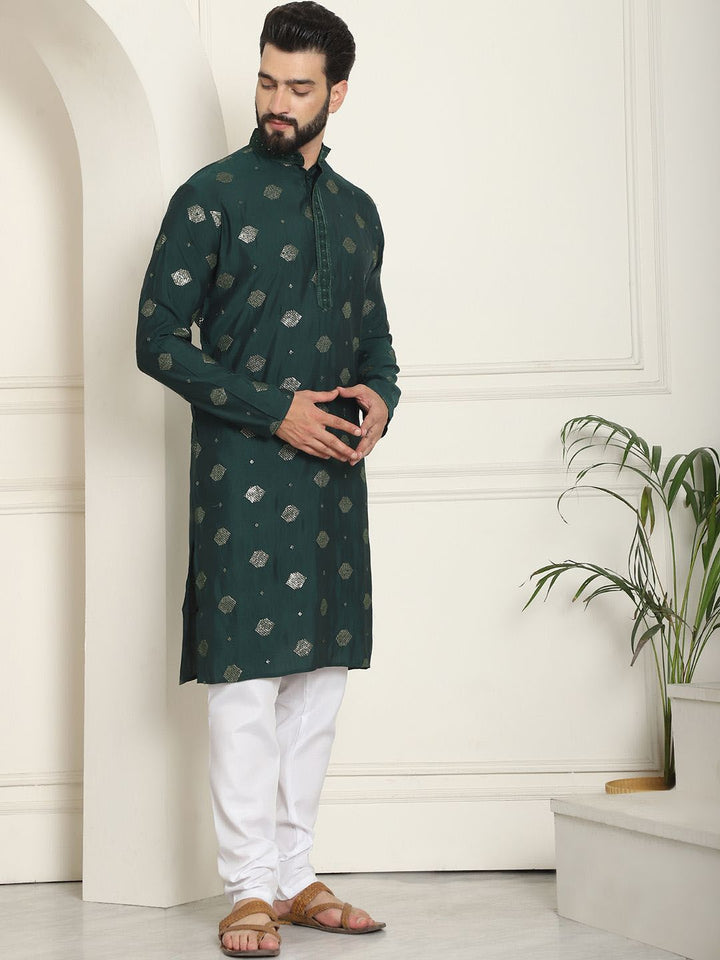 SOJANYA Kurta Lurus Sutera Kapas Sulam Geometrik Dengan Churidar