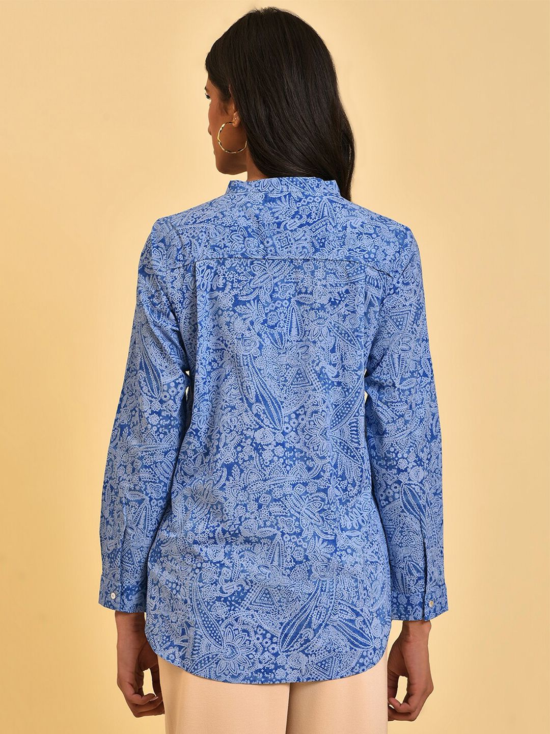 W Blue Floral Printed Mandarin Collar Pure Cotton Shirt Style Top