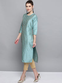 STREET 9 Women Turquoise Blue & Beige Self Design Kurta with Trousers