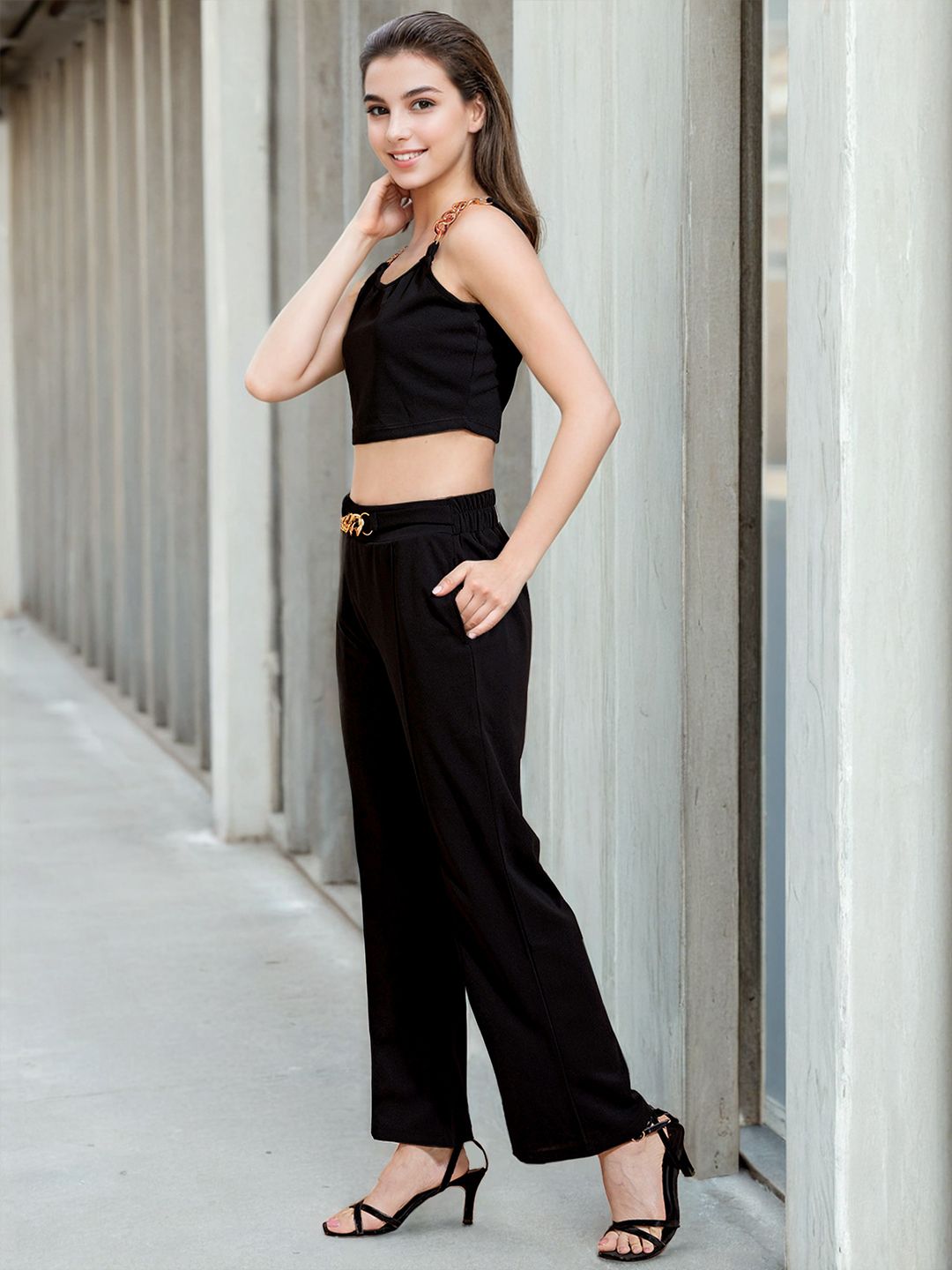 Freehand by The Indian Garage Co Shoulder Straps Crop Top With Trouser