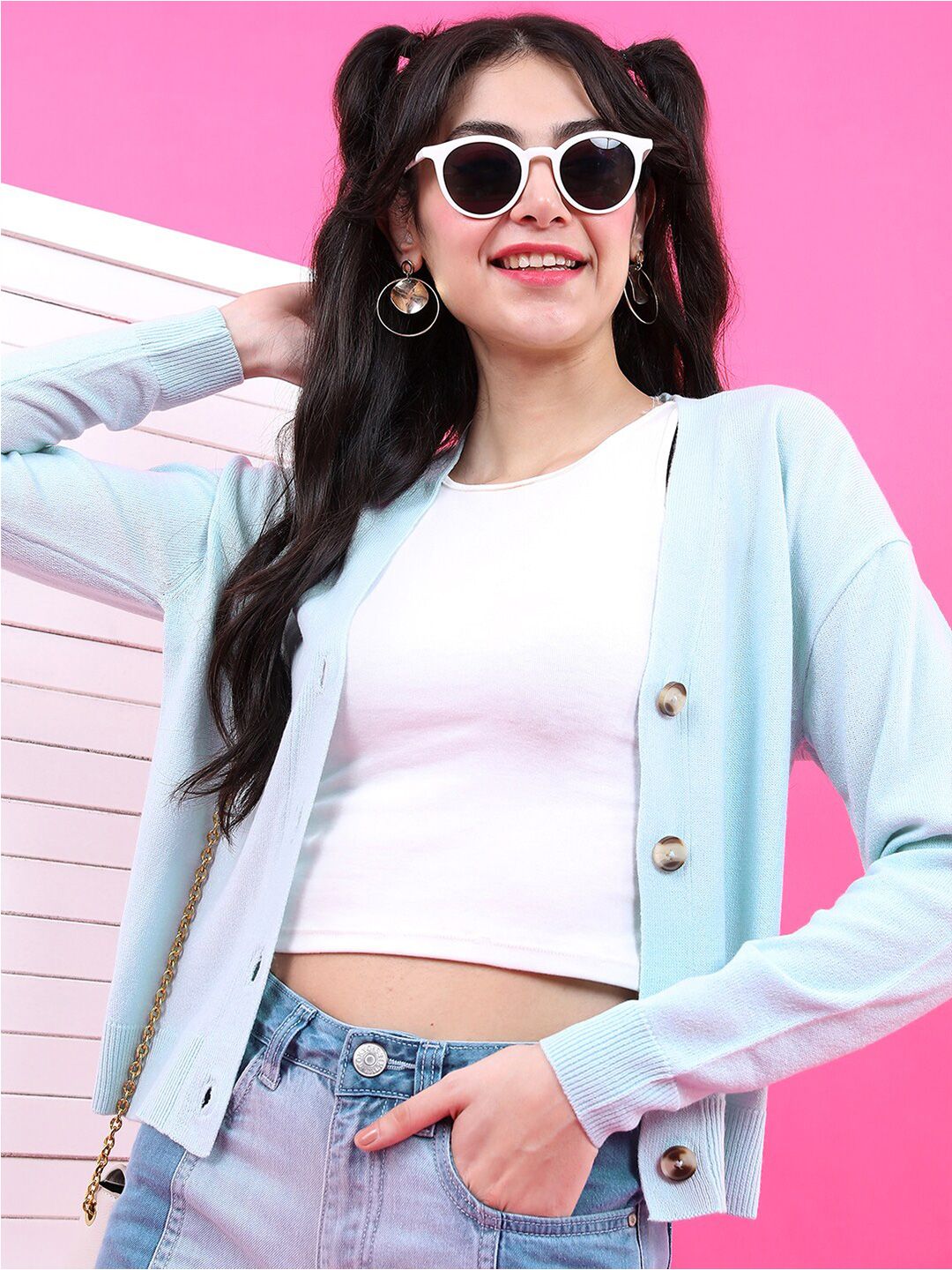 Tokyo Talkies Women Blue Solid Cardigan Sweater