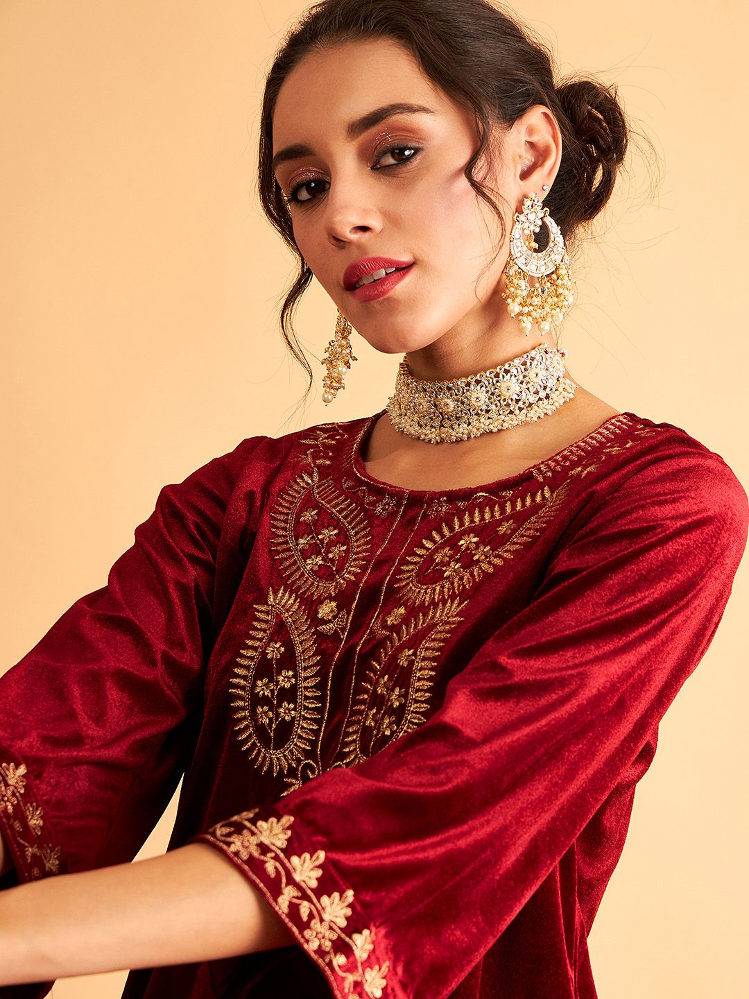 Shae by SASSAFRAS Maroon & Gold-Toned Ethnic Motifs Embroidered Velvet Kurti