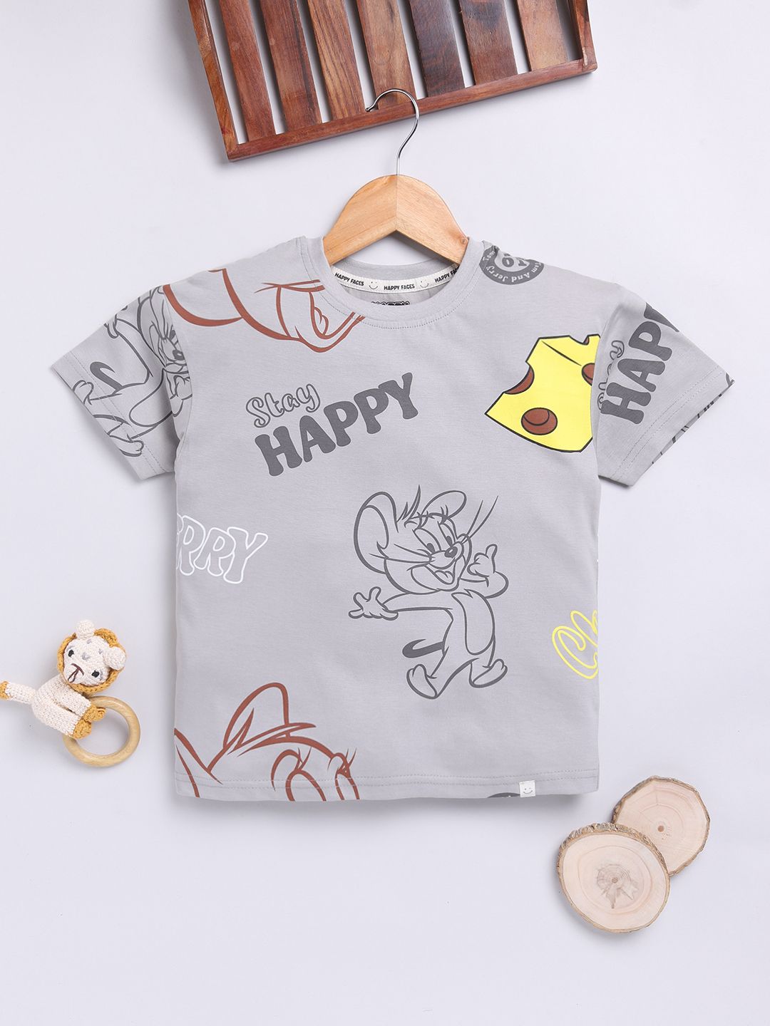 Happy Faces Boys Tom & Jerry Print Drop-Shoulder Sleeves Pure Cotton T-shirt