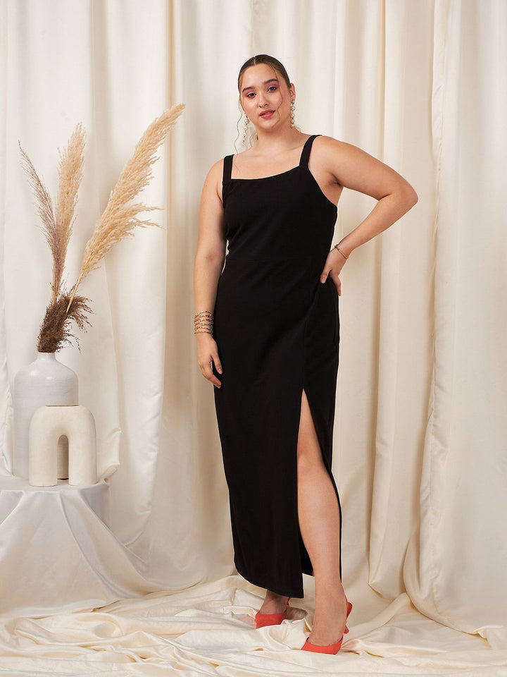 Berrylush Curve Plus Size Black Shoulder Straps Split Thigh Maxi Dress