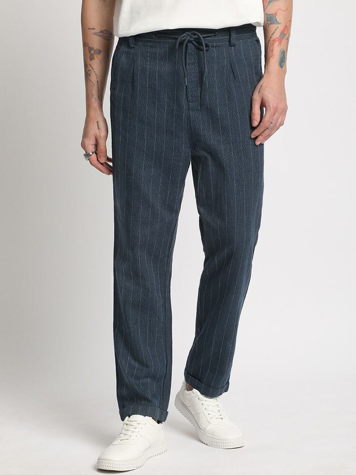 THE BEAR HOUSE Men Striped Tapered Fit Pleated Trousers