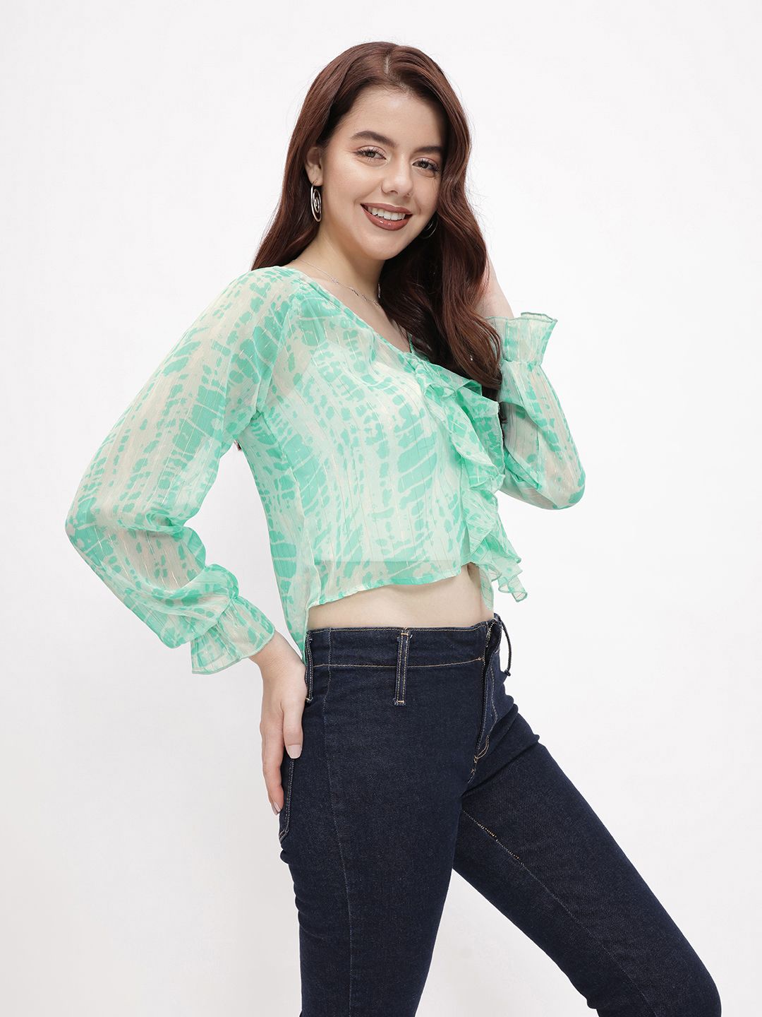 DressBerry Shibori Dyed Ruffle Romance Sheer Top