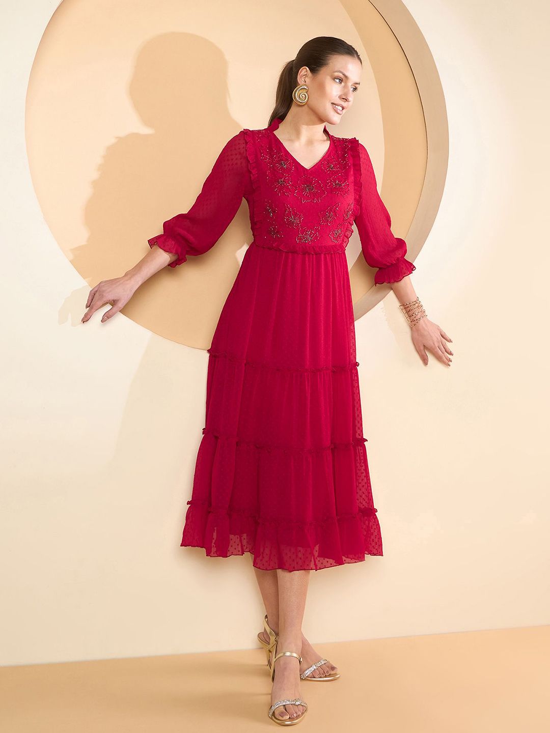 Antheaa Women Puff Sleeves Fit & Flare Midi Dress