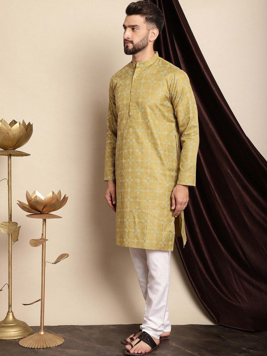 Anouk Olive Green & White Ethnic Motifs Printed Kurta With Churidar