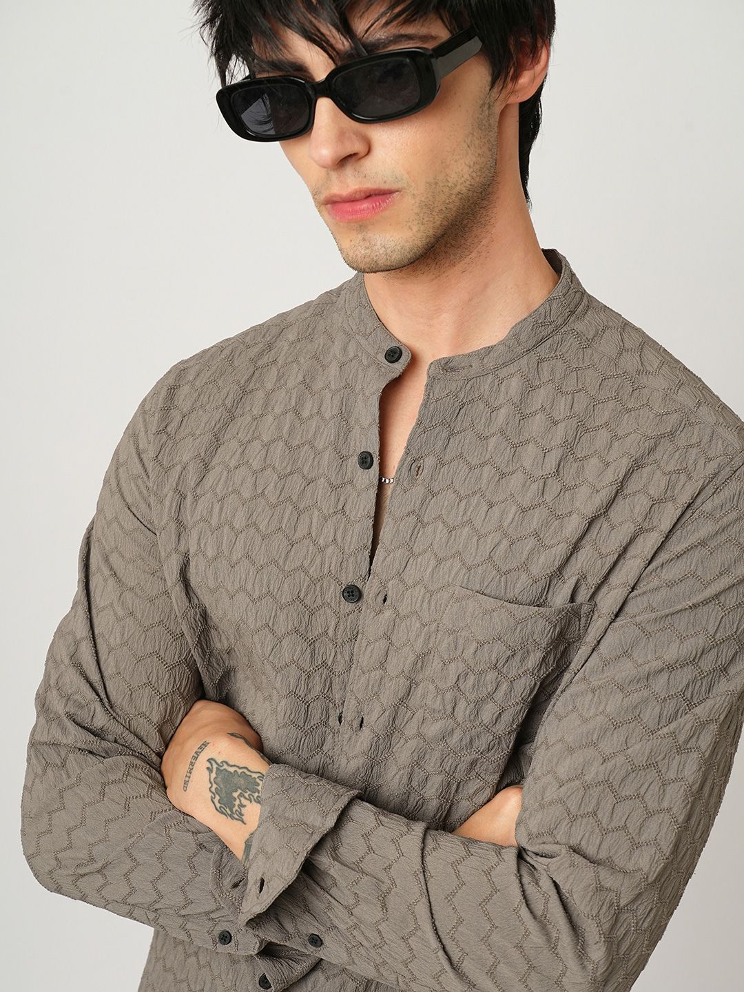 VASTRADO Men Classic Band Collar Textured Slim Fit Casual Shirt