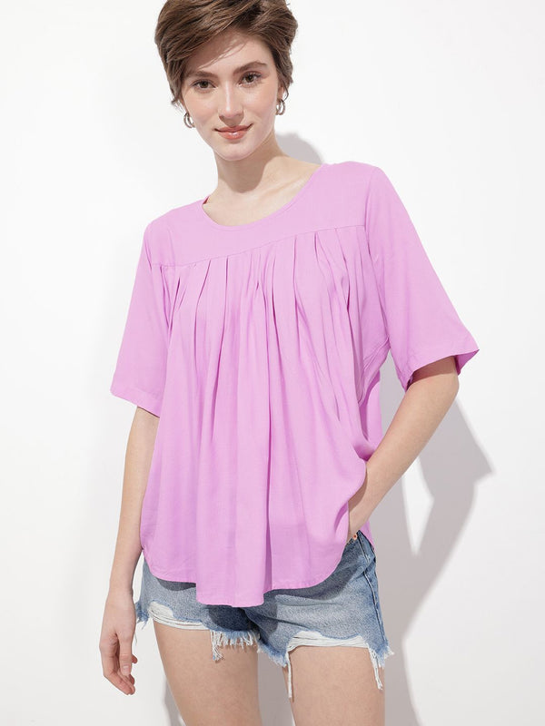 DressBerry Pastel Lilac Pleasing Pleated Flared Top