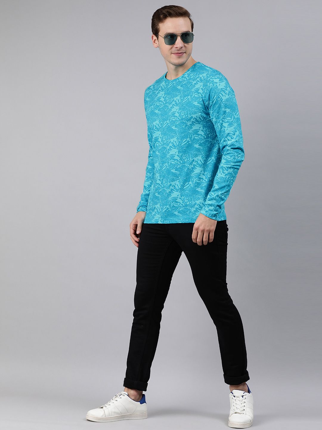 Urbano Fashion Men Turquoise Blue Floral Printed Tropical Slim Fit T-shirt