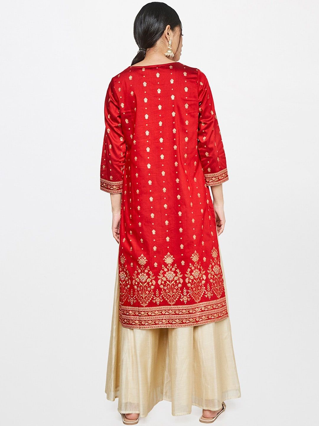 Global Desi Women Red & Gold-Toned Ethnic Motifs Thread Work Kurta