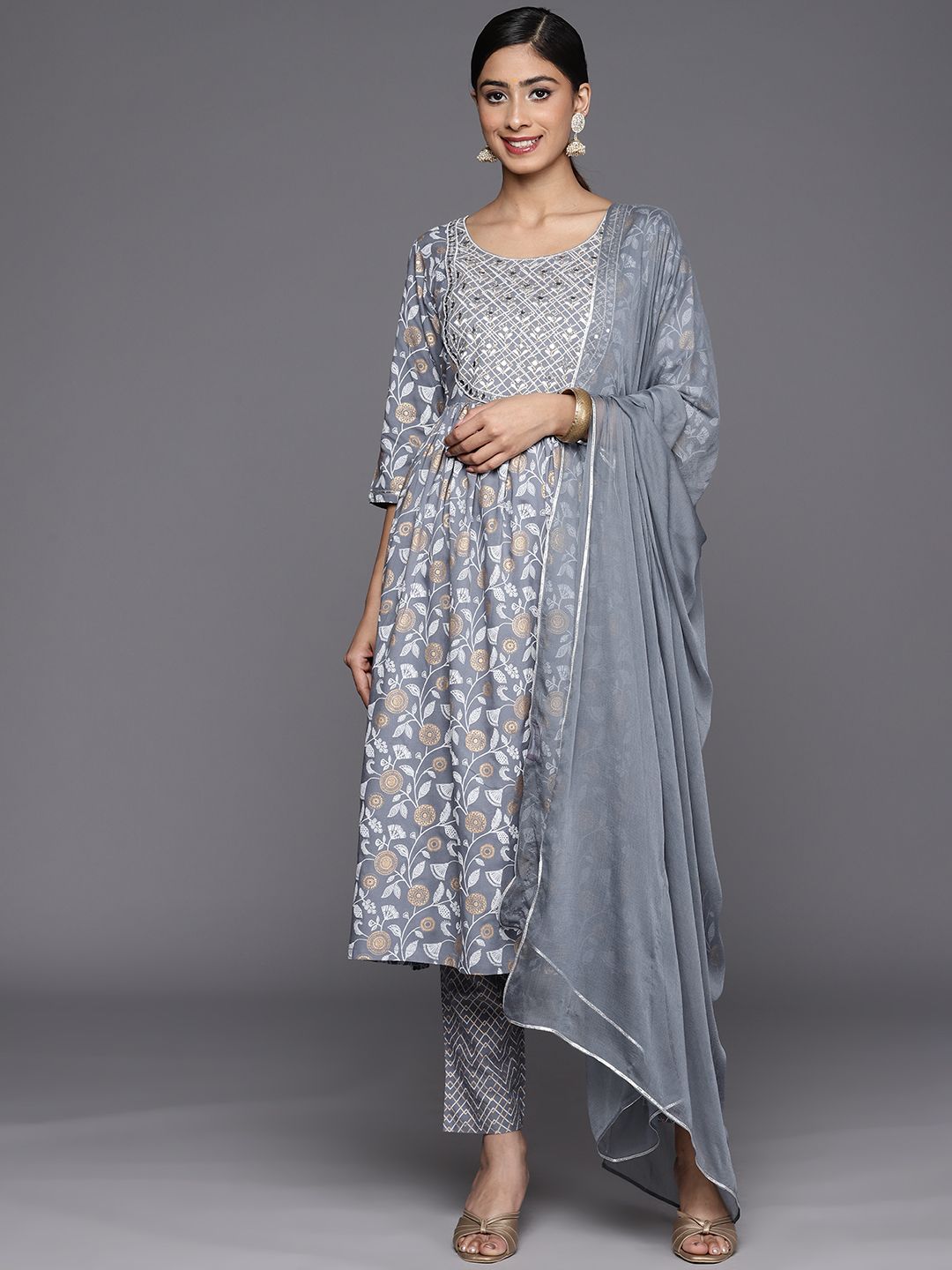 Libas Floral Yoke Design Pleated Thread Work Kurta with Trousers & With Dupatta