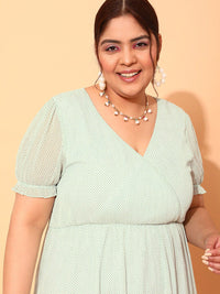 CURVY STREET Plus Size Sea Green & Black Polka Dot Printed Puff Sleeve A-Line Dress