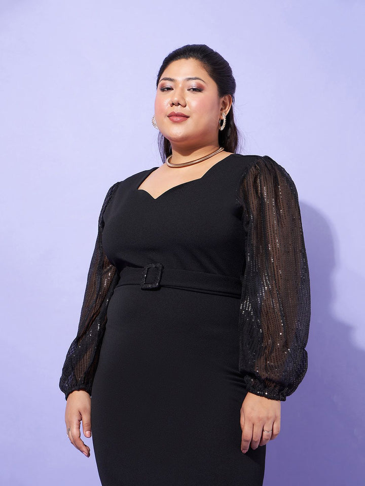 SASSAFRAS Curve Black Plus Size Sequin Embellished Puff Sleeves Sheath Midi Dress
