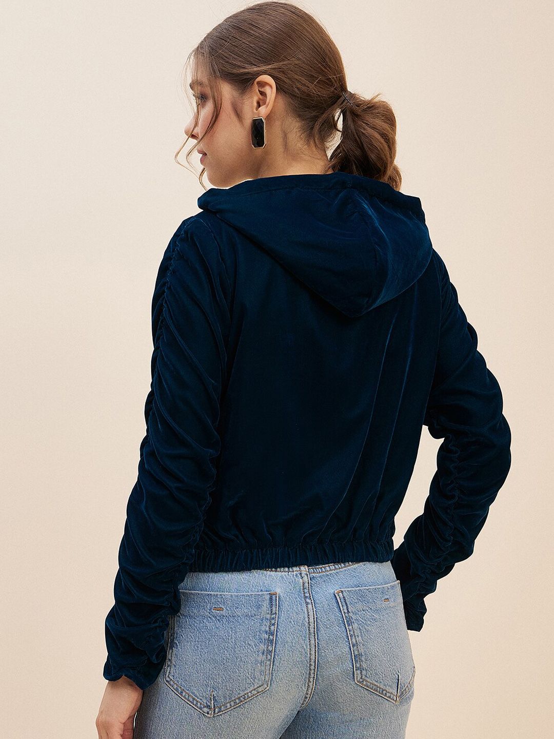 Antheaa Teal Blue Self Design Hooded Neck Long Sleeves Velvet Tailored Jacket