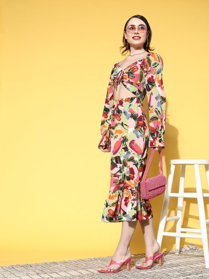 Berrylush Pink & Multicoloured Crepe Sweetheart Neck Midi Dress With Cut-Out Detail