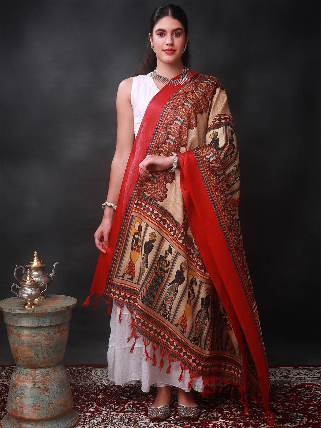 Exotic India Red Batik Afro Women Motif Printed Banglori Satin Dupatta