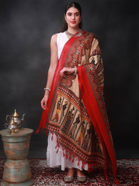 Exotic India Red Batik Afro Women Motif Printed Banglori Satin Dupatta