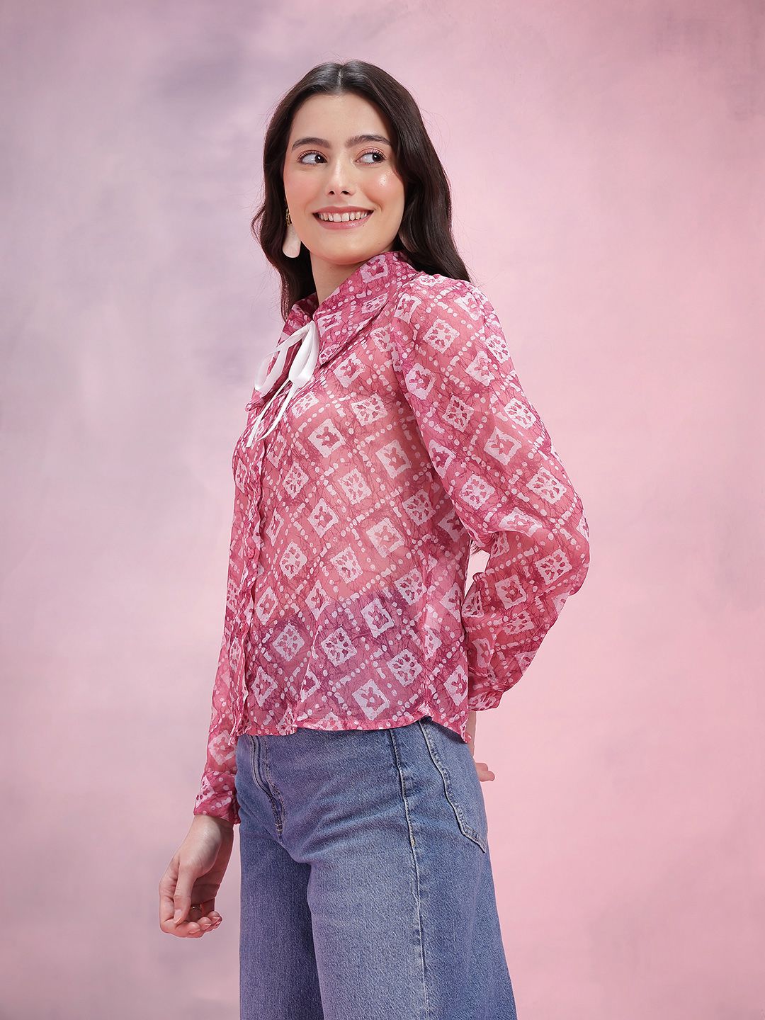 DressBerry Printed Club Collar with Tie-Ups Semi Sheer Casual Shirt