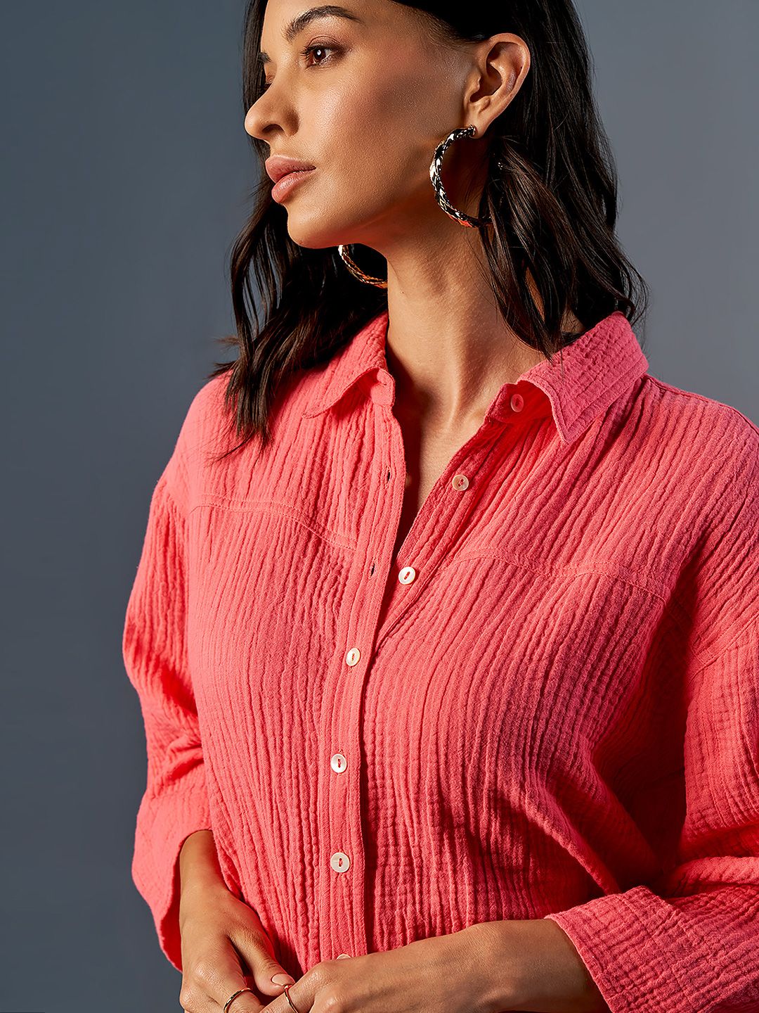AND Shirt Collar Flared Sleeve Cotton Shirt Style Top