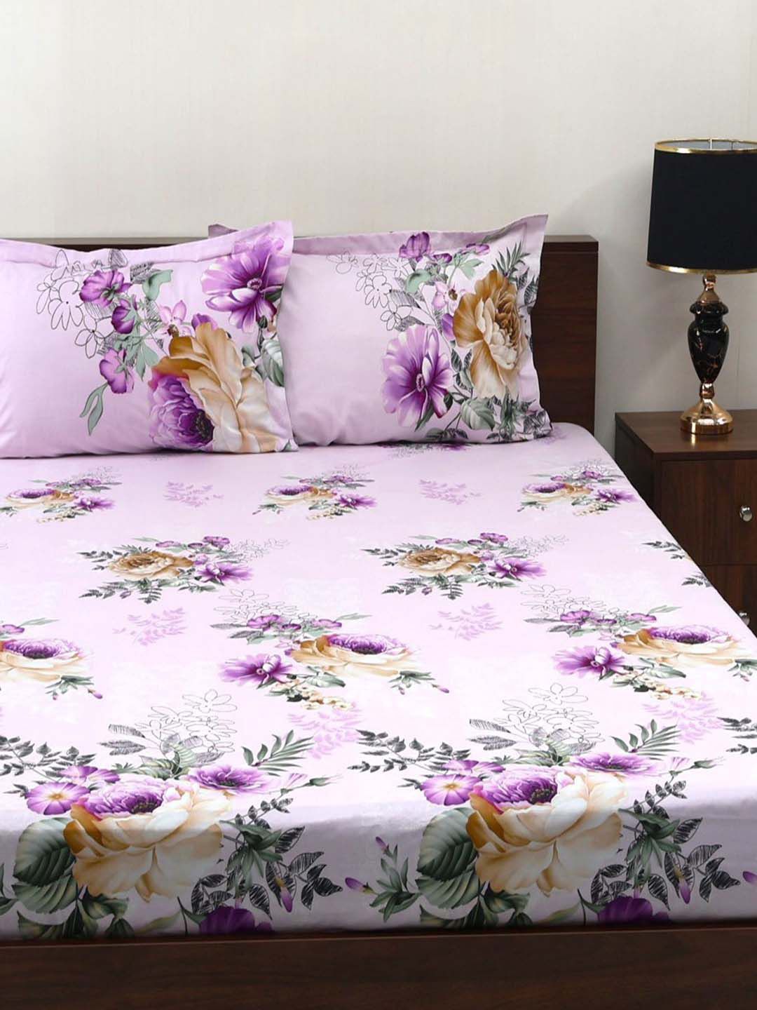 BOMBAY DYEING Blooming Muse Purple Floral Cotton 144 TC King Bedsheet Set 2.74 x 2.74 m