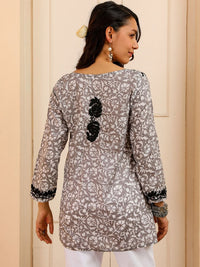 House of Chikankari Women Grey Mulmul Chikankari Embroidered Kurti