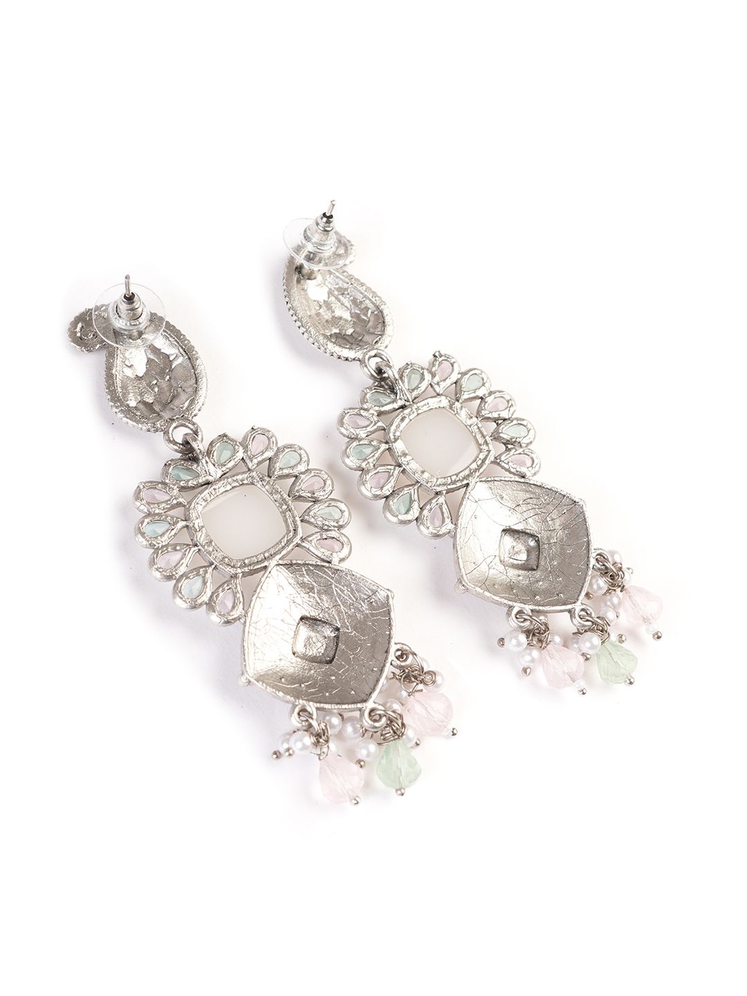 PANASH Silver-Plated Stones Studded And Beaded Contemporary Shaped Oxidised Drop Earrings