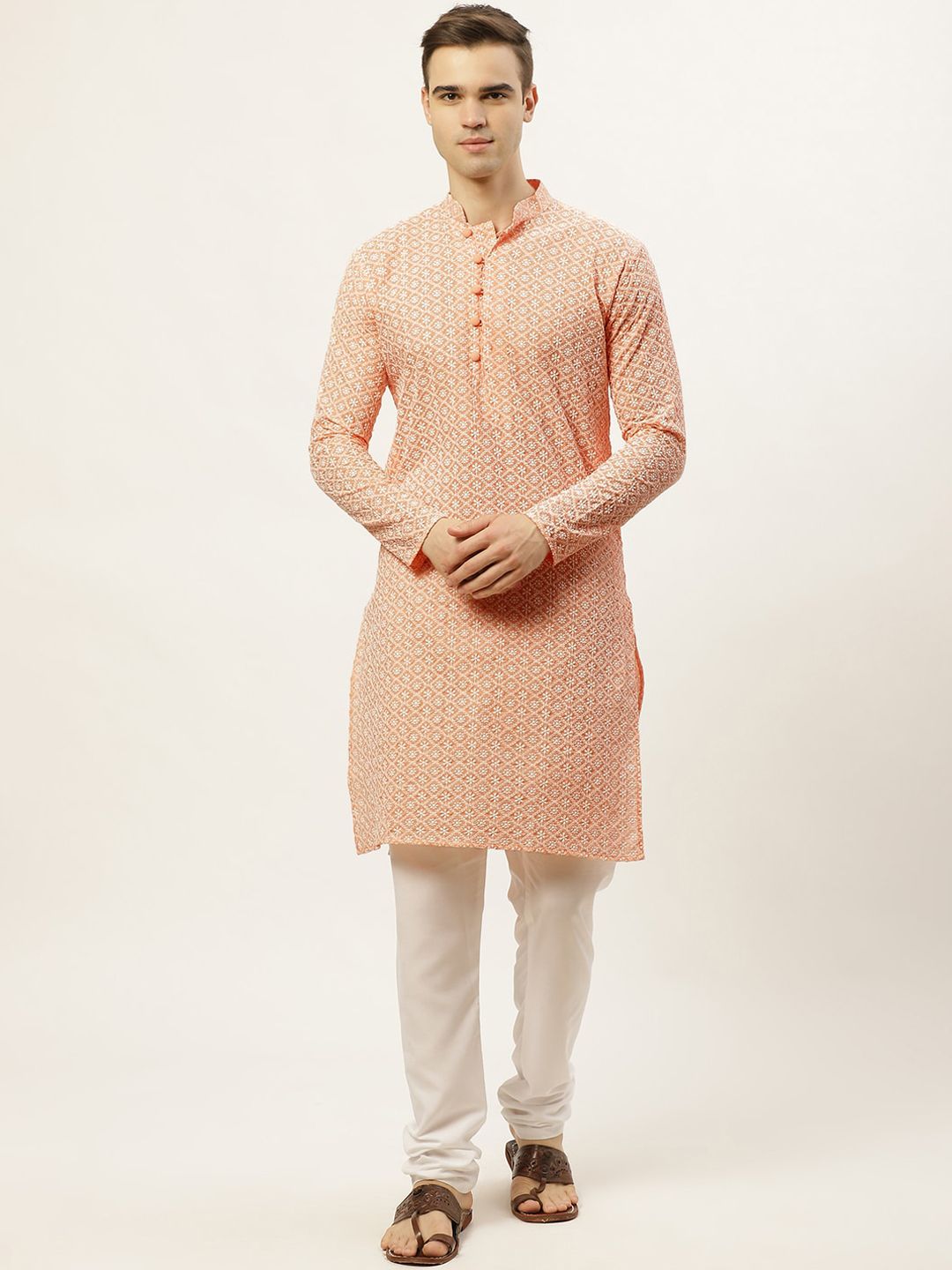 Jompers Men Orange & White Ethnic Motifs Embroidered Pure Cotton Kurta with Pyjamas