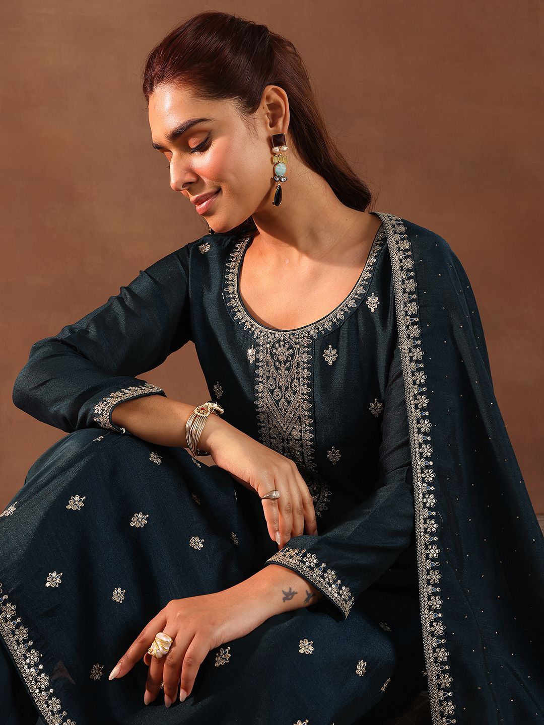 Libas Ethnic Motifs Embroidered Sequinned Kurta With Trousers & Dupatta