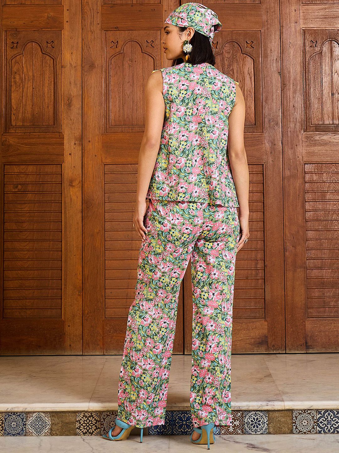 Pink Paprika by SASSAFRAS Floral Printed V Neck Peplum Top With Trousers Co-Ords
