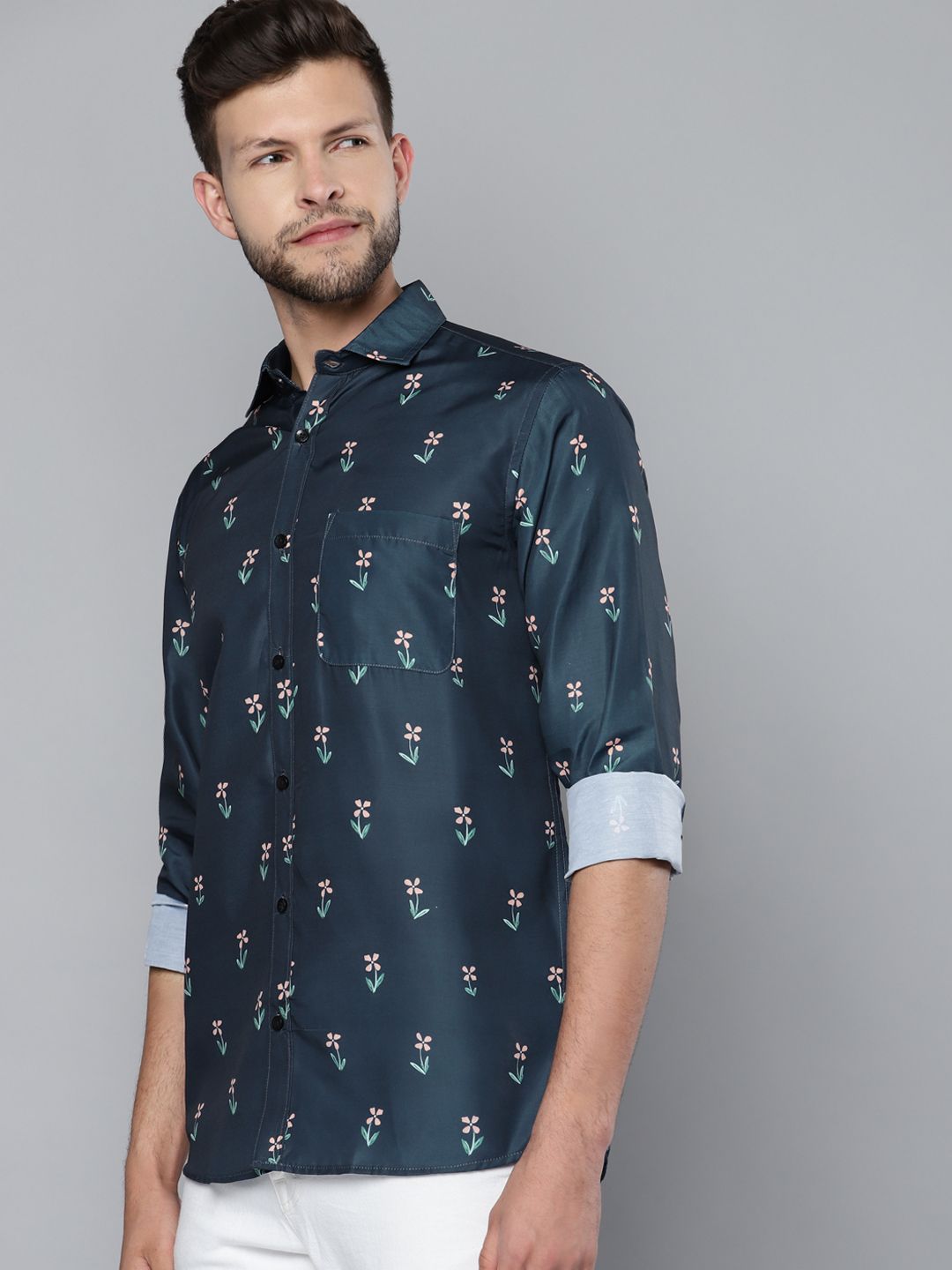 DENNISON Men Navy Blue Smart Slim Fit Floral Printed Formal Shirt