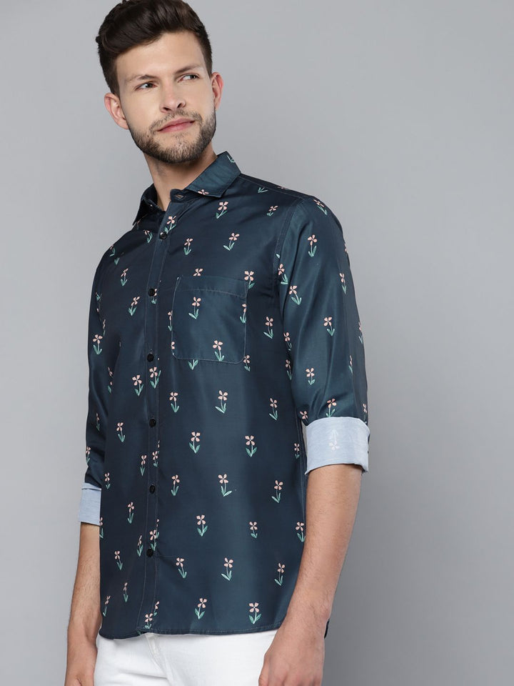 DENNISON Men Navy Blue Smart Slim Fit Floral Printed Formal Shirt