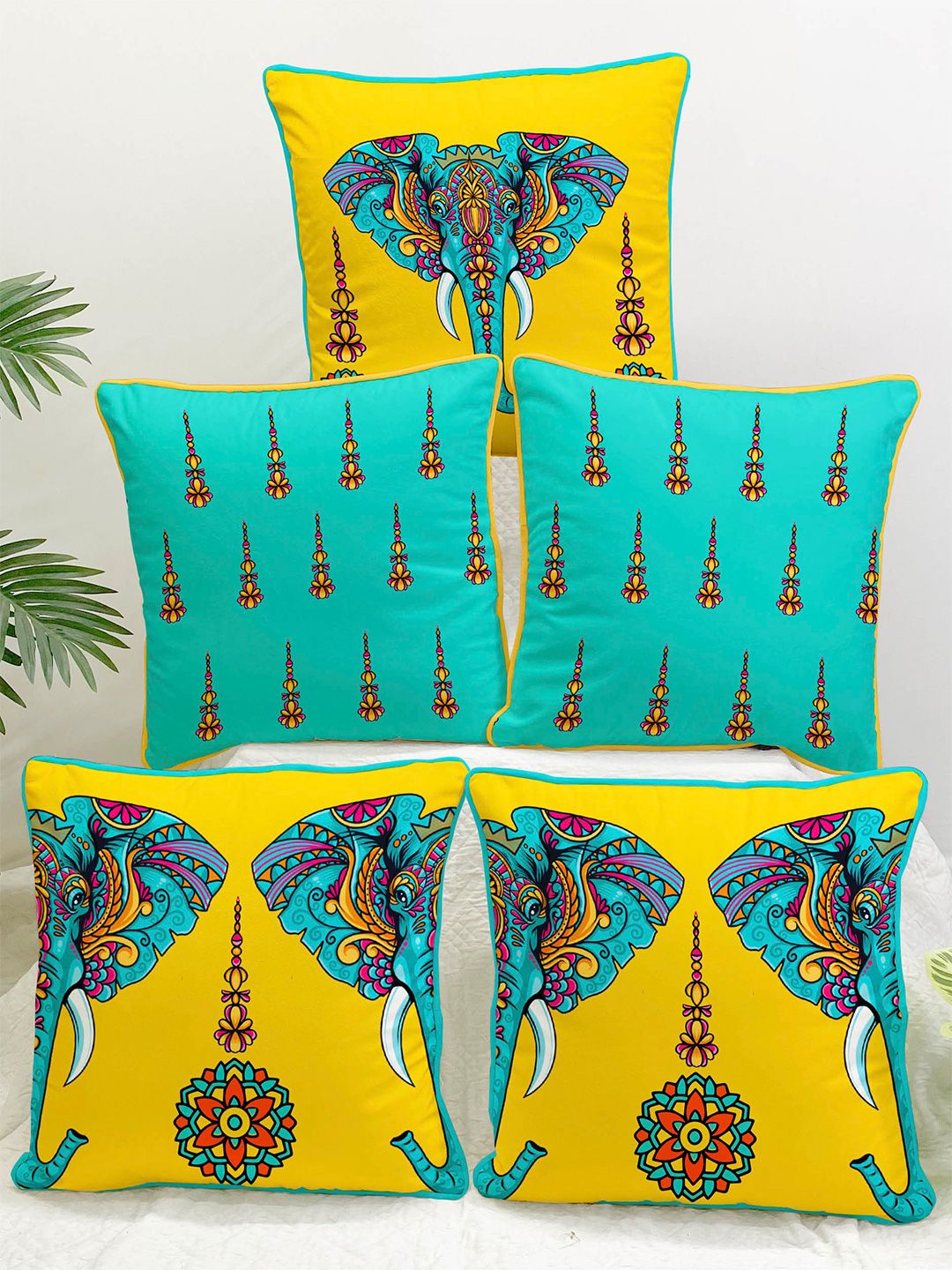 STITCHNEST Yellow & Blue Set of 5 Floral Velvet Square Cushion Covers