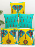 STITCHNEST Yellow & Blue Set of 5 Floral Velvet Square Cushion Covers