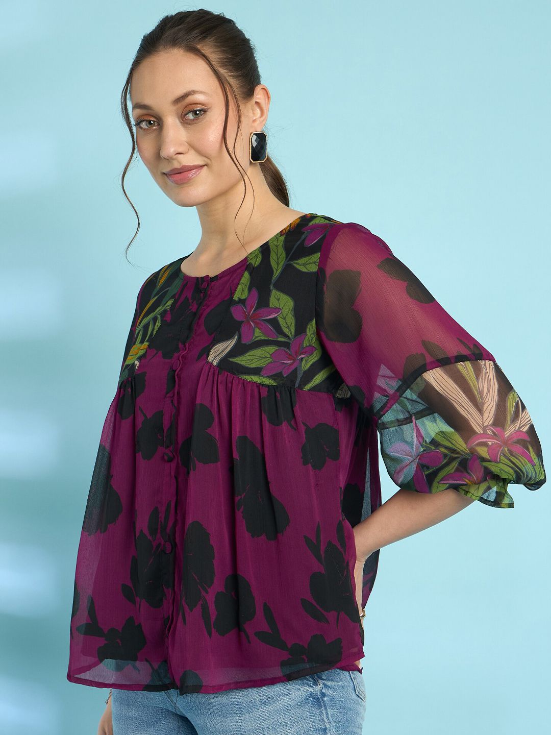 Antheaa Floral Printed Puff Sleeves A-Line Top with Pleated Detail