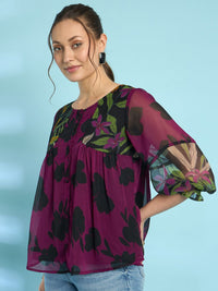 Antheaa Floral Printed Puff Sleeves A-Line Top with Pleated Detail
