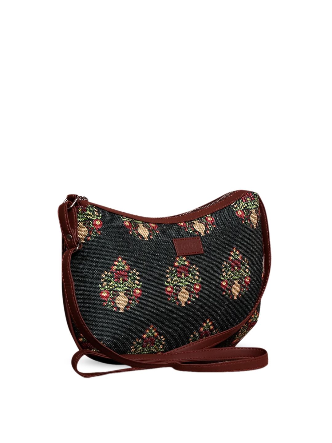 ZOUK Black & Red Ethnic Motifs Printed Half Moon Sling Bag