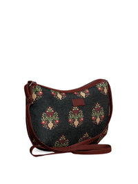 ZOUK Black & Red Ethnic Motifs Printed Half Moon Sling Bag