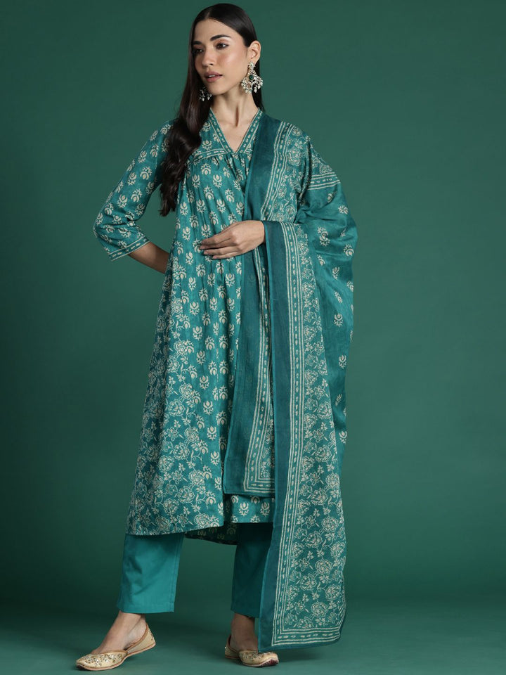 Indo Era Women Floral Printed Empire Pure Cotton Kurta with Trousers & With Dupatta