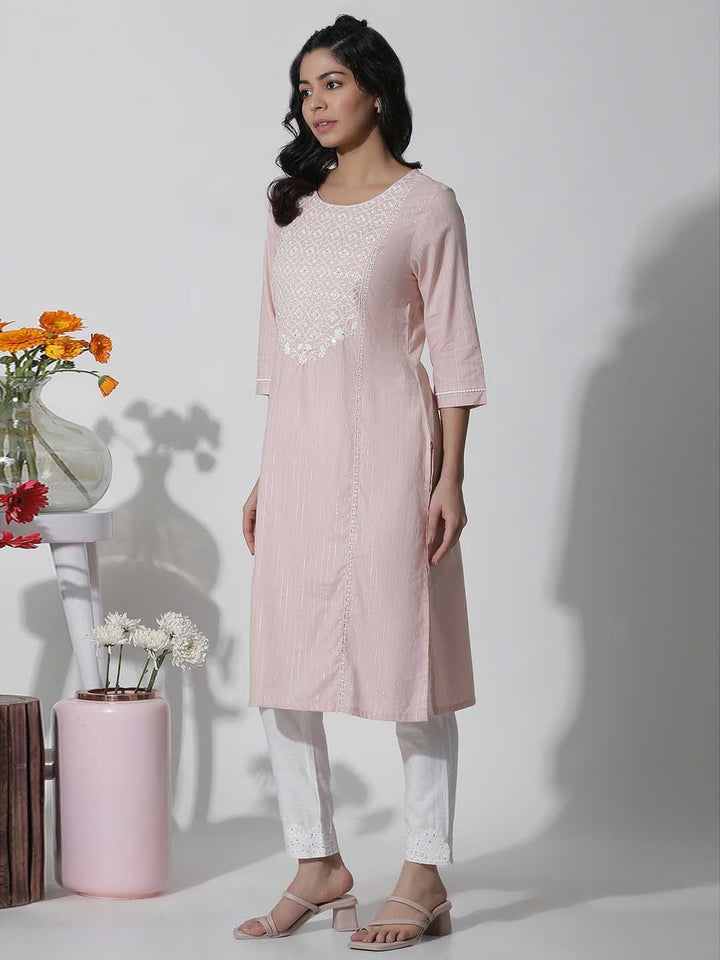 W Floral Yoke Design Thread Work Straight Kurta